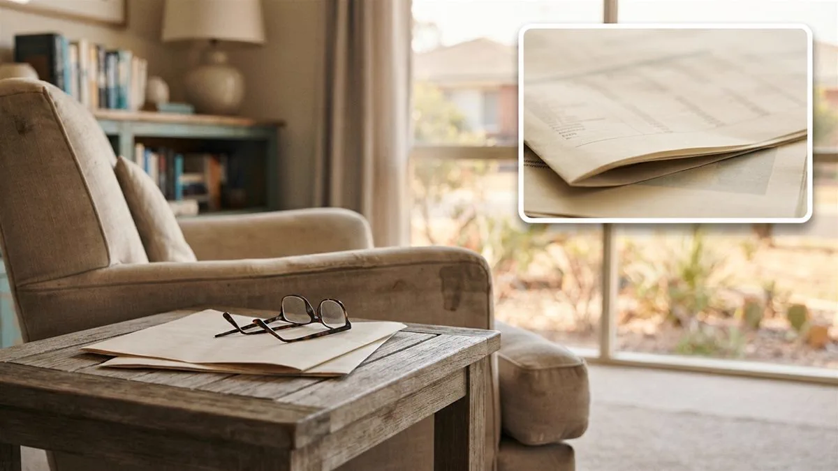 A superannuation fund statement and reading glasses on a side table